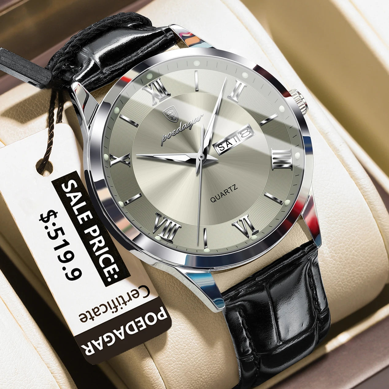 S-Leather Military Leather Luminous Luxury Watch SILVER Brand Watch