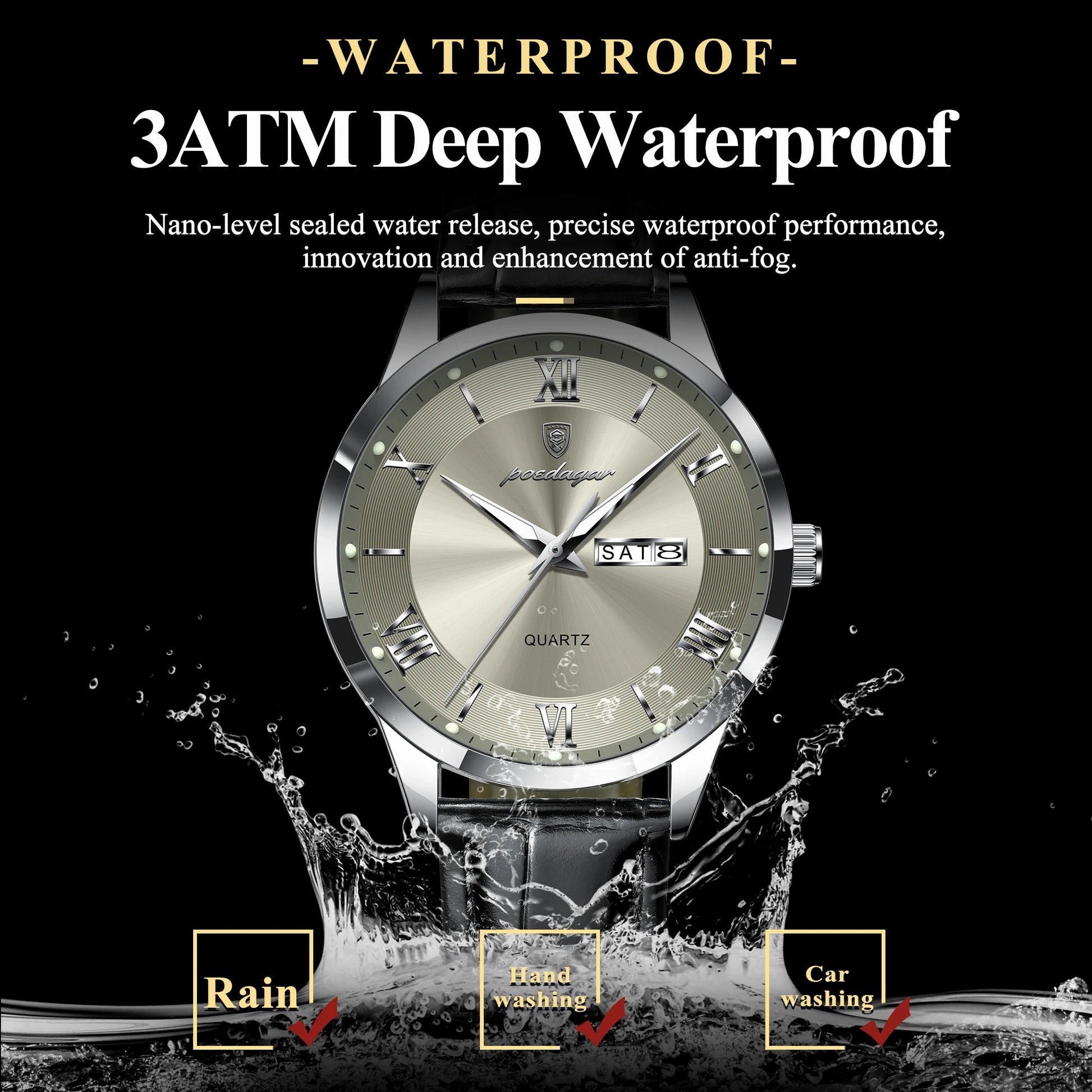 S-Leather Military Leather Luminous Luxury Watch SILVER Brand Watch