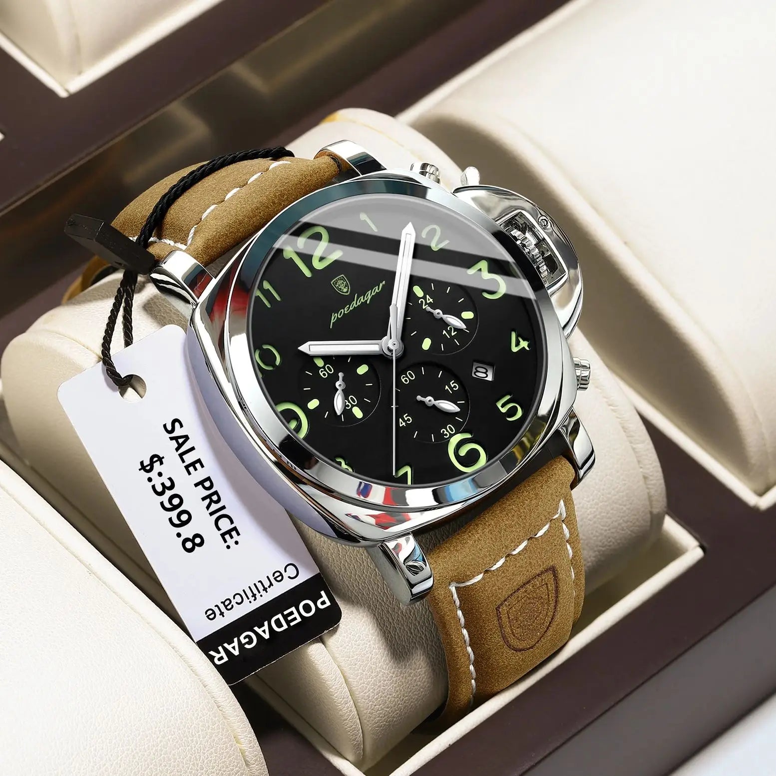 S-Couro Luxury Military Leather Watch SILVER Brand Watch