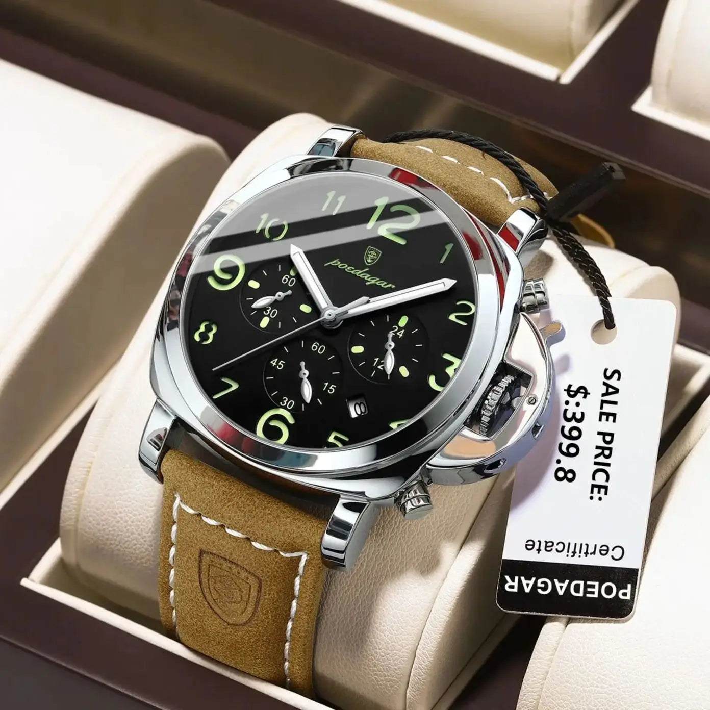 S-Couro Luxury Military Leather Watch SILVER Brand Watch