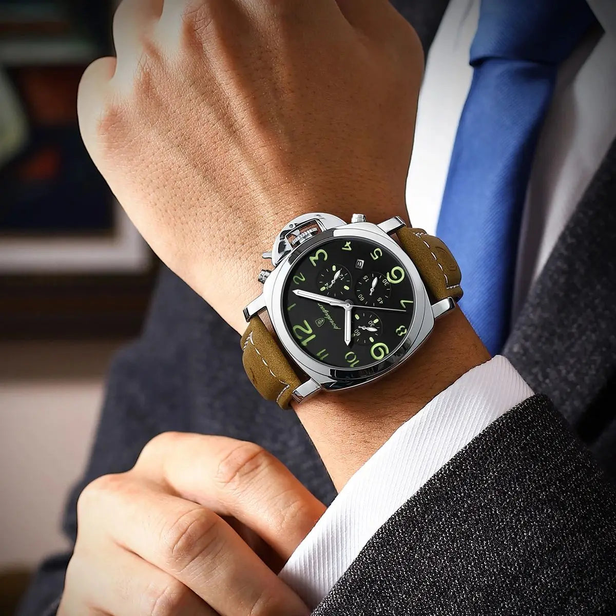 S-Couro Luxury Military Leather Watch SILVER Brand Watch