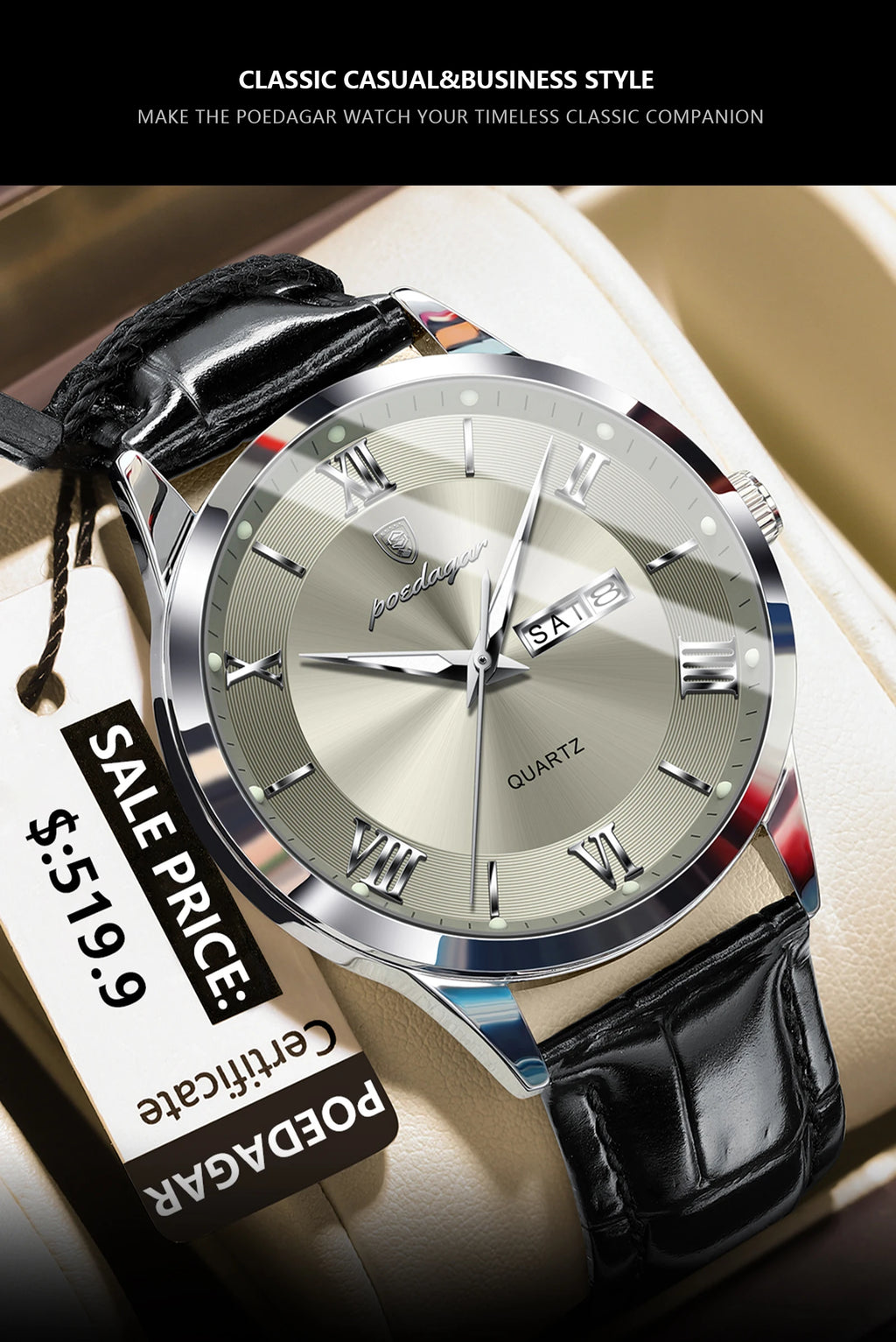 S-Leather Military Leather Luminous Luxury Watch SILVER Brand Watch