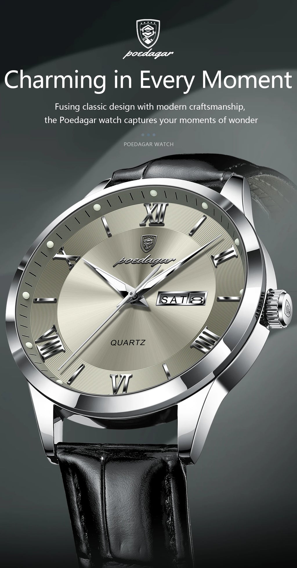 S-Leather Military Leather Luminous Luxury Watch SILVER Brand Watch