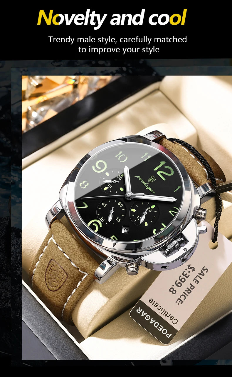 S-Couro Luxury Military Leather Watch SILVER Brand Watch