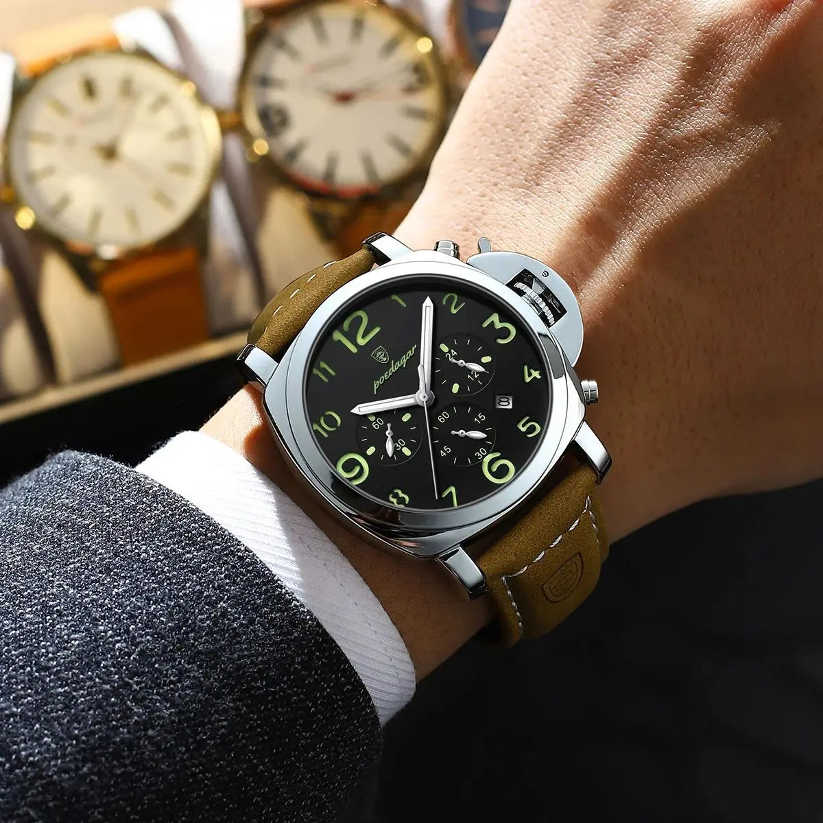 S-Couro Luxury Military Leather Watch SILVER Brand Watch