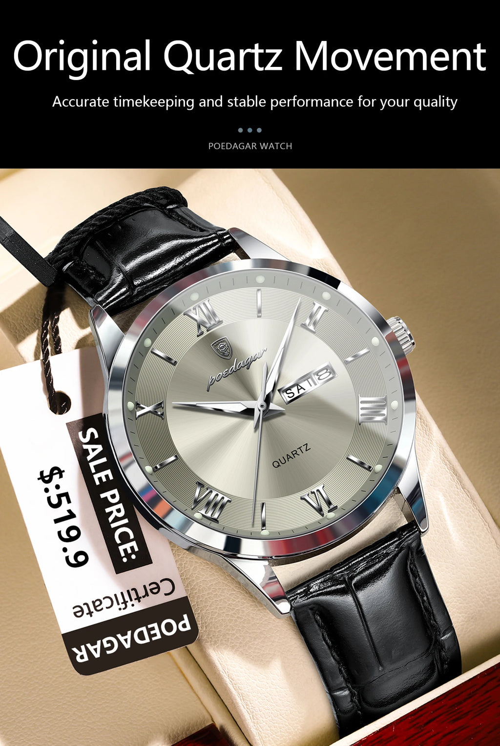 S-Leather Military Leather Luminous Luxury Watch SILVER Brand Watch